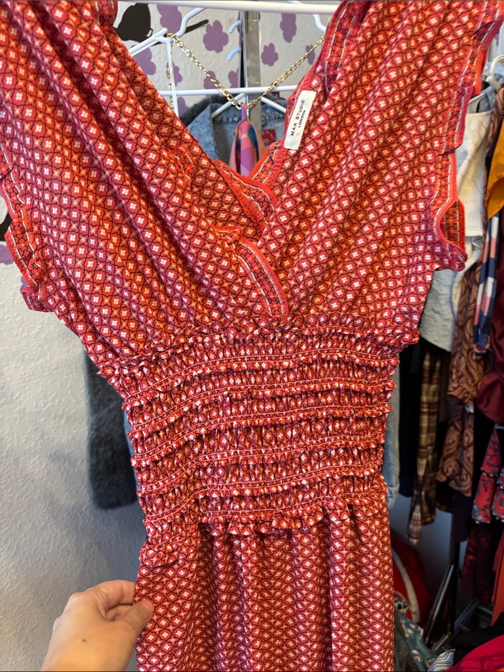 Max Studio Rust Red Patterned V-Neck Smocked jumper - Picture 3 of 4